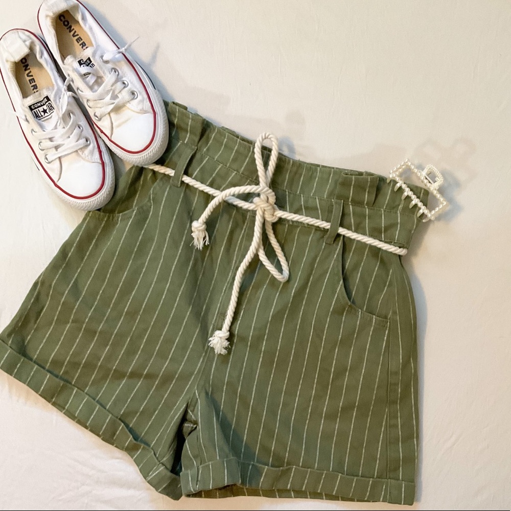 Topshop High Waist Stripe Rope Belt Denim Shorts in Green